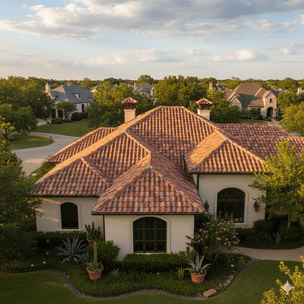 Aerial view of elegant Fort Worth home with terracotta clay tile roof installed by City Roofing Company