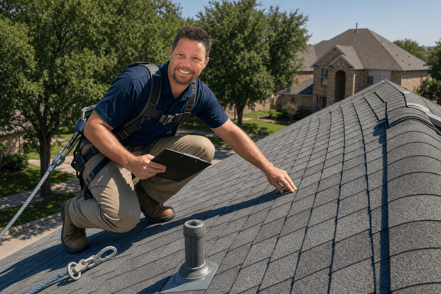 Nicholas Fawcett inspecting an asphalt-shingle residential roof in Arlington, TX
